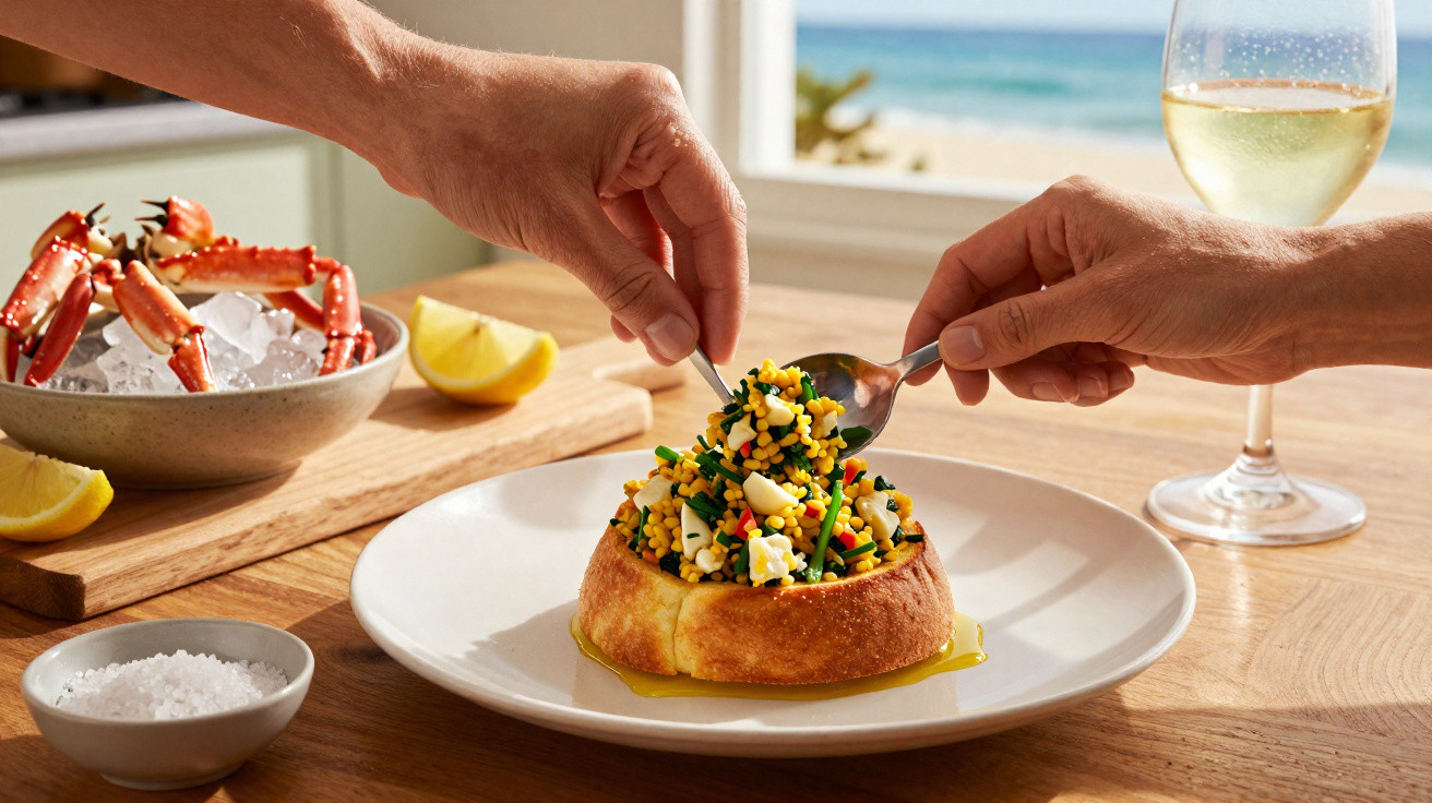 Two hands serving seafood couscous in a bread bowl with crab legs, lemon wedges, and a glass of white wine nearby.
