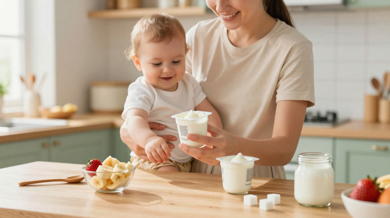 Mother and baby preparing to eat yoghurt with fruit in a bright kitchen setting.