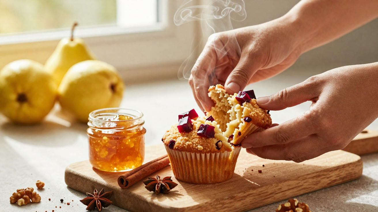 Hands breaking a steaming muffin topped with fruit cubes on a wooden board with spices and pear in background.