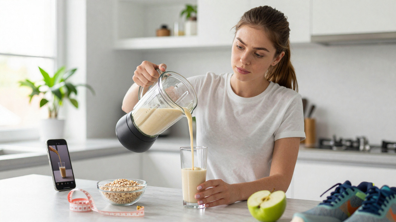 Woman pouring smoothie into glass in kitchen with oats, green apple, and running shoes nearby.