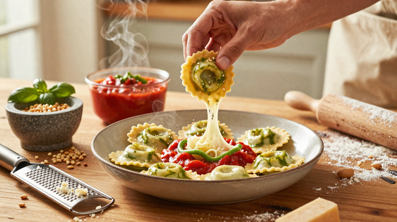 Hand lifting a cheese-stretching ravioli from a plate of stuffed pasta with tomato sauce on a wooden table.