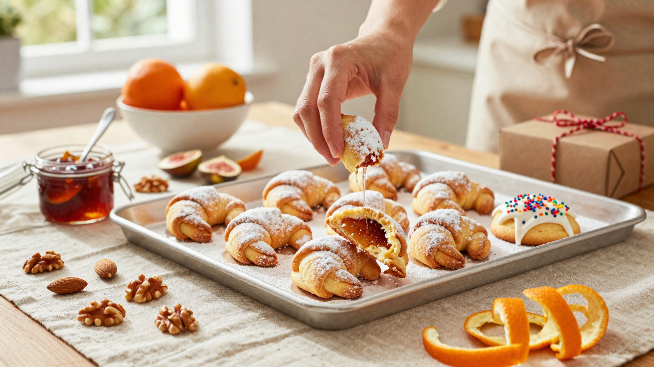 Hand drizzling honey over freshly baked jam-filled croissants on a tray with nuts and oranges nearby.