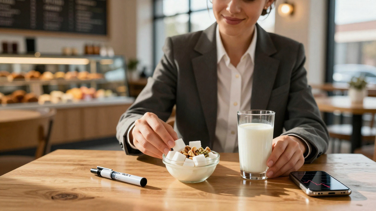 Person in a blazer sitting at a table adding sugar cubes to a bowl of cereal with a glass of milk and smartphone nearby.