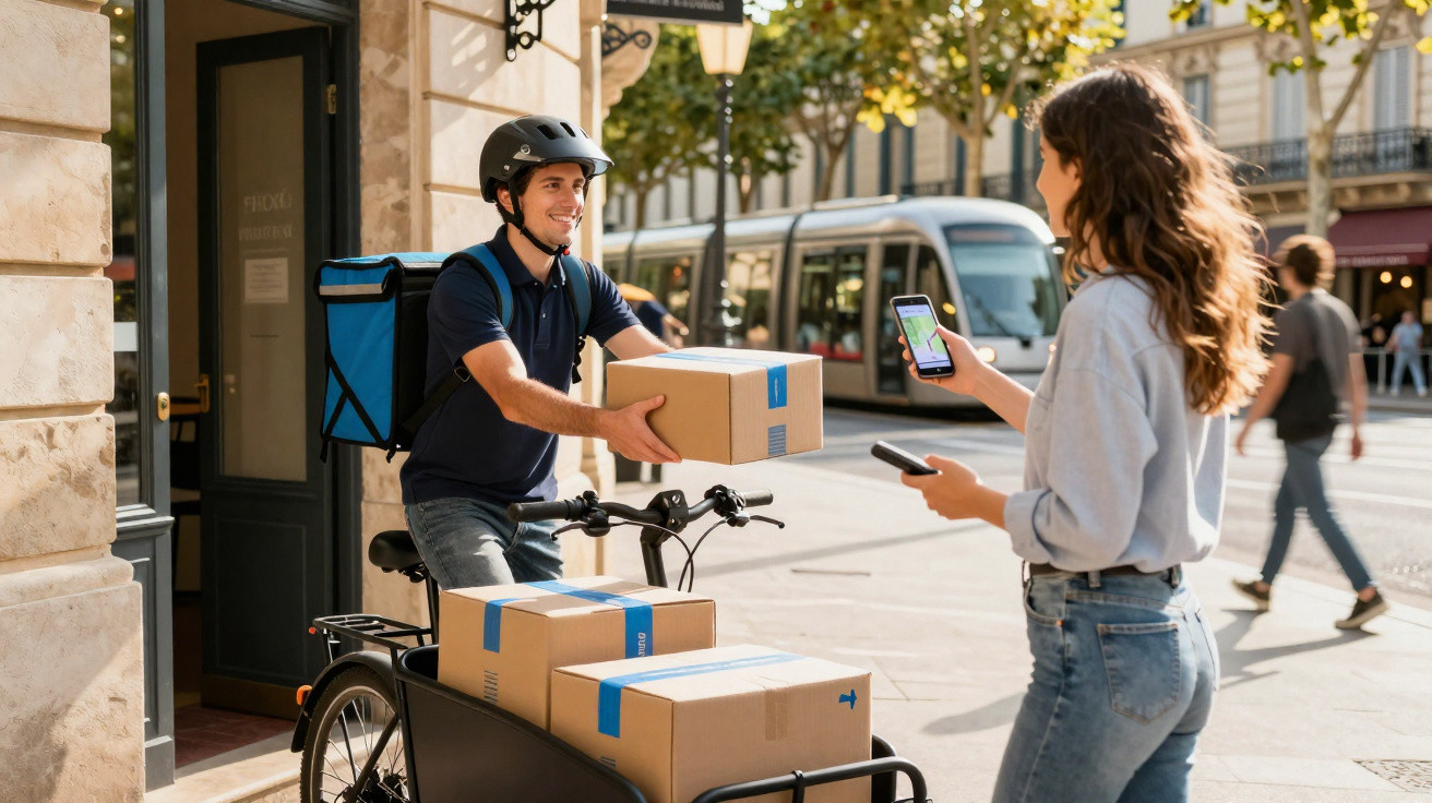 Cyclist courier wearing helmet handing a package to a woman using a smartphone on a city street.