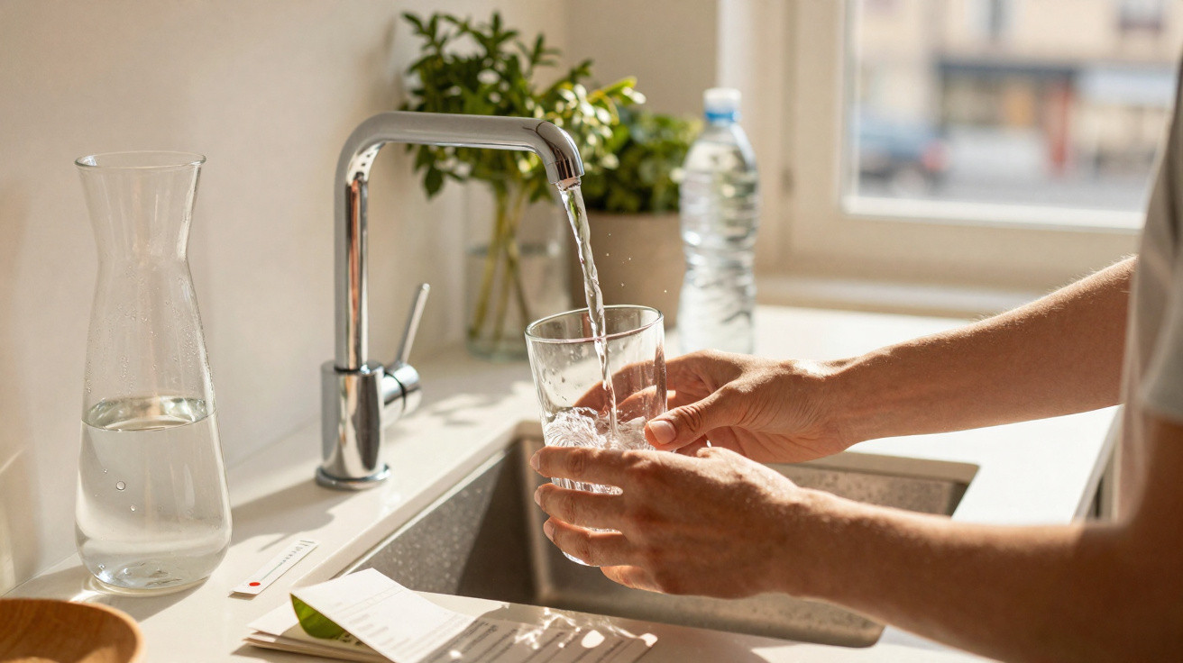 Person filling a glass with water from a kitchen tap beside a water carafe and plants on the counter.