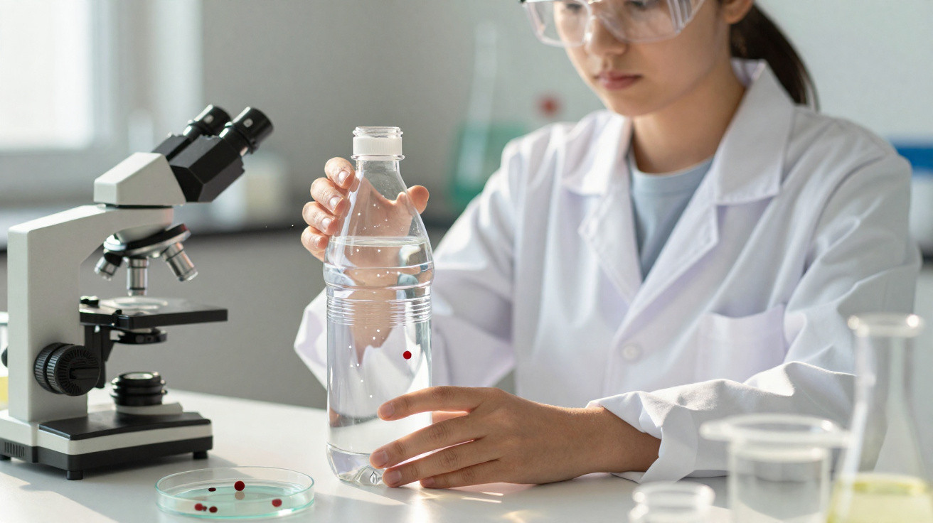 Scientist in lab coat holding a water bottle next to a microscope and petri dish in a laboratory.