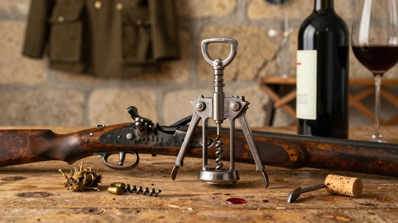 Vintage corkscrew, wine bottle, bullet, and antique rifle on a wooden table with a stone wall background.