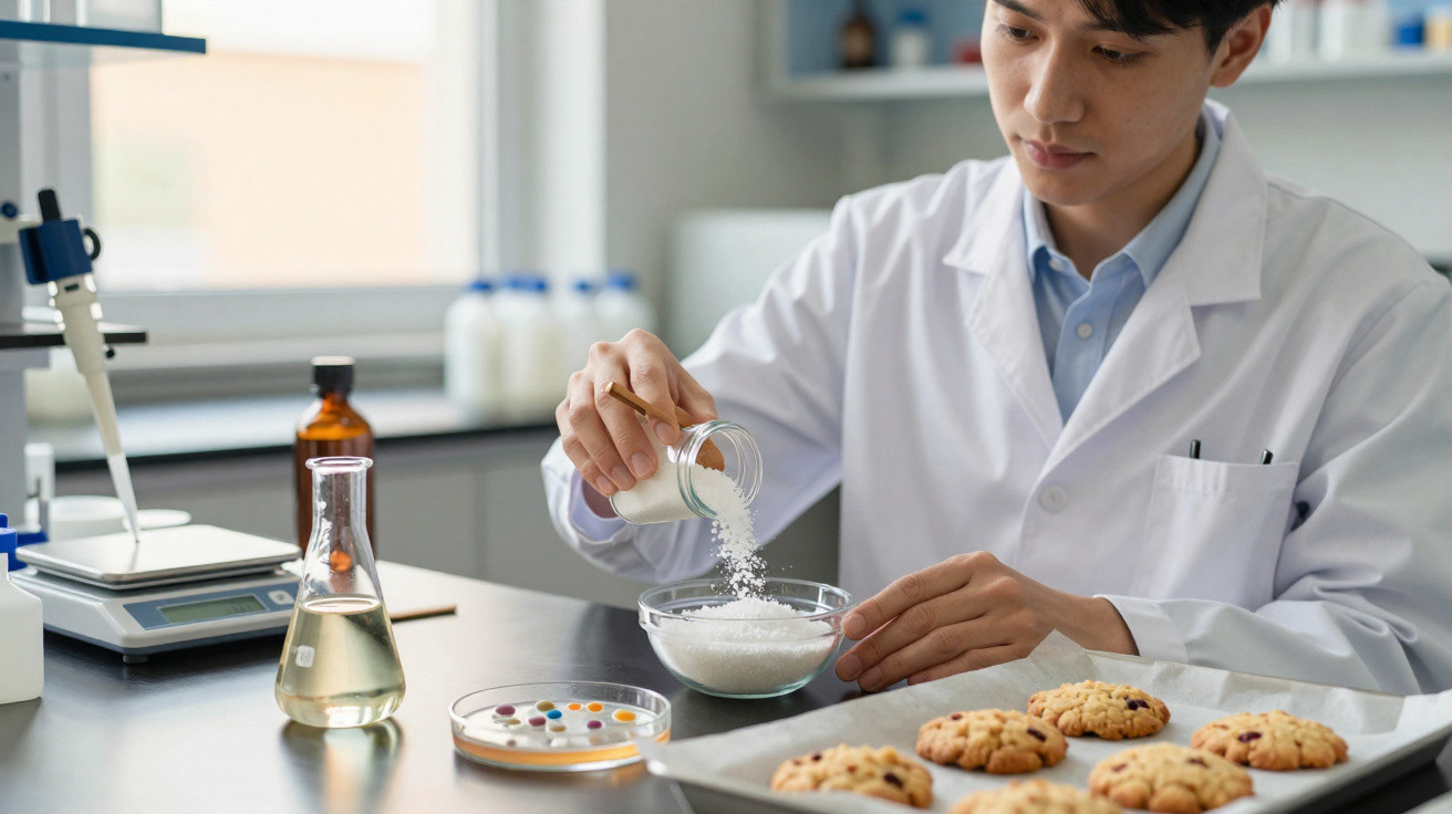 Scientist in a lab coat pouring white powder into a bowl with cookies and lab equipment on the table.