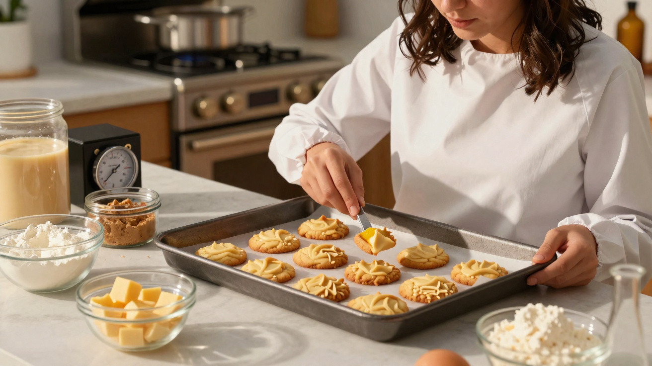 Person decorating cookies with frosting on a baking tray in a kitchen with baking ingredients.