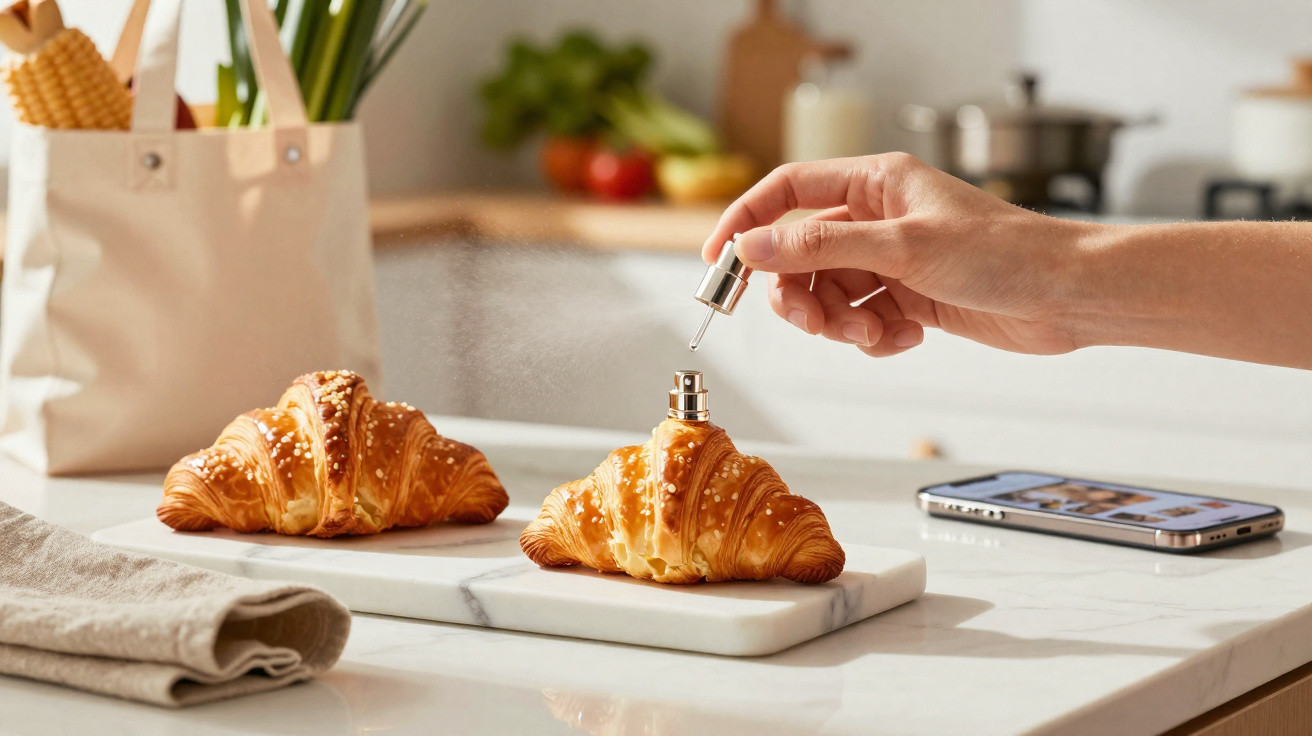 Hand spraying perfume on a croissant on a kitchen counter with phone and groceries in the background.