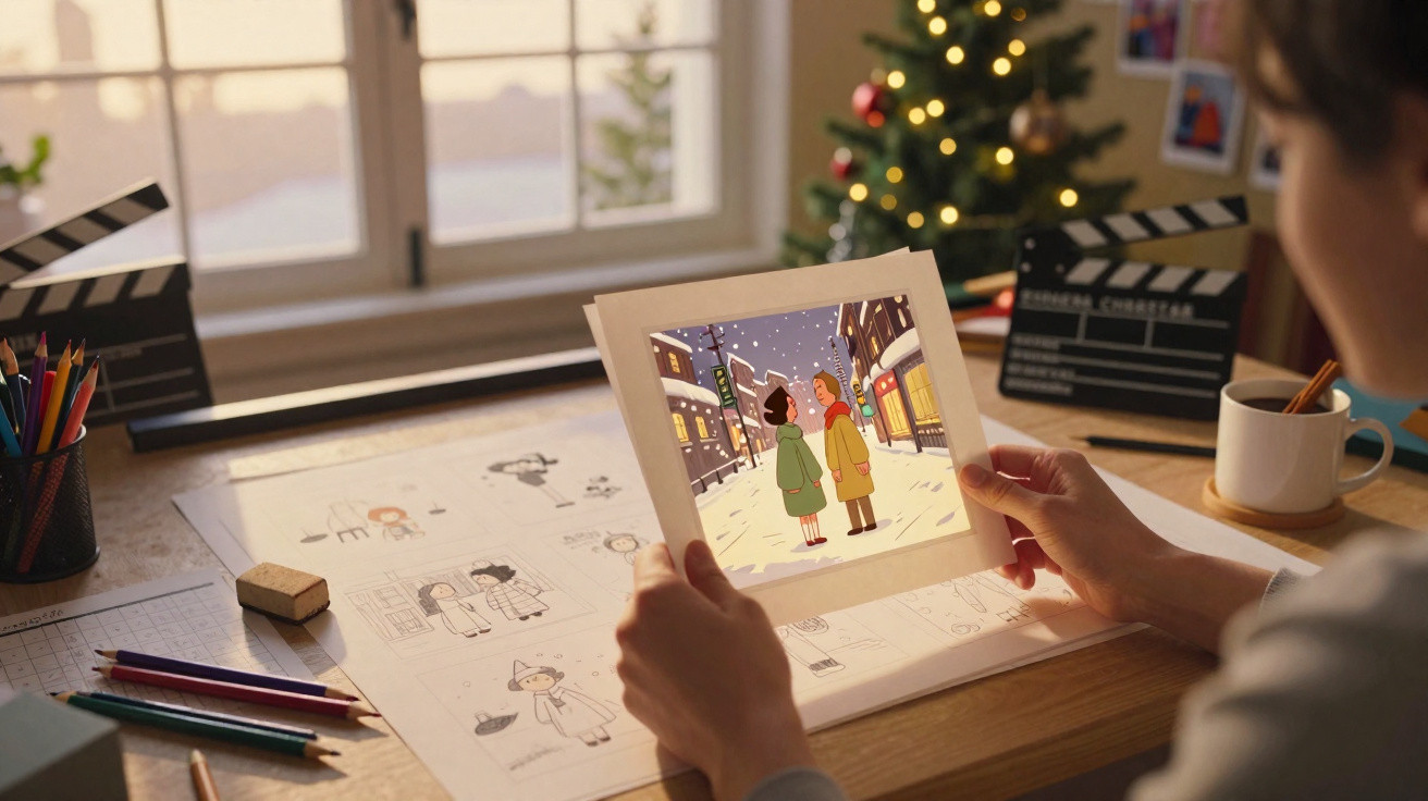 Person holding an illustration of two women talking on a snowy street with a decorated Christmas tree in the background.