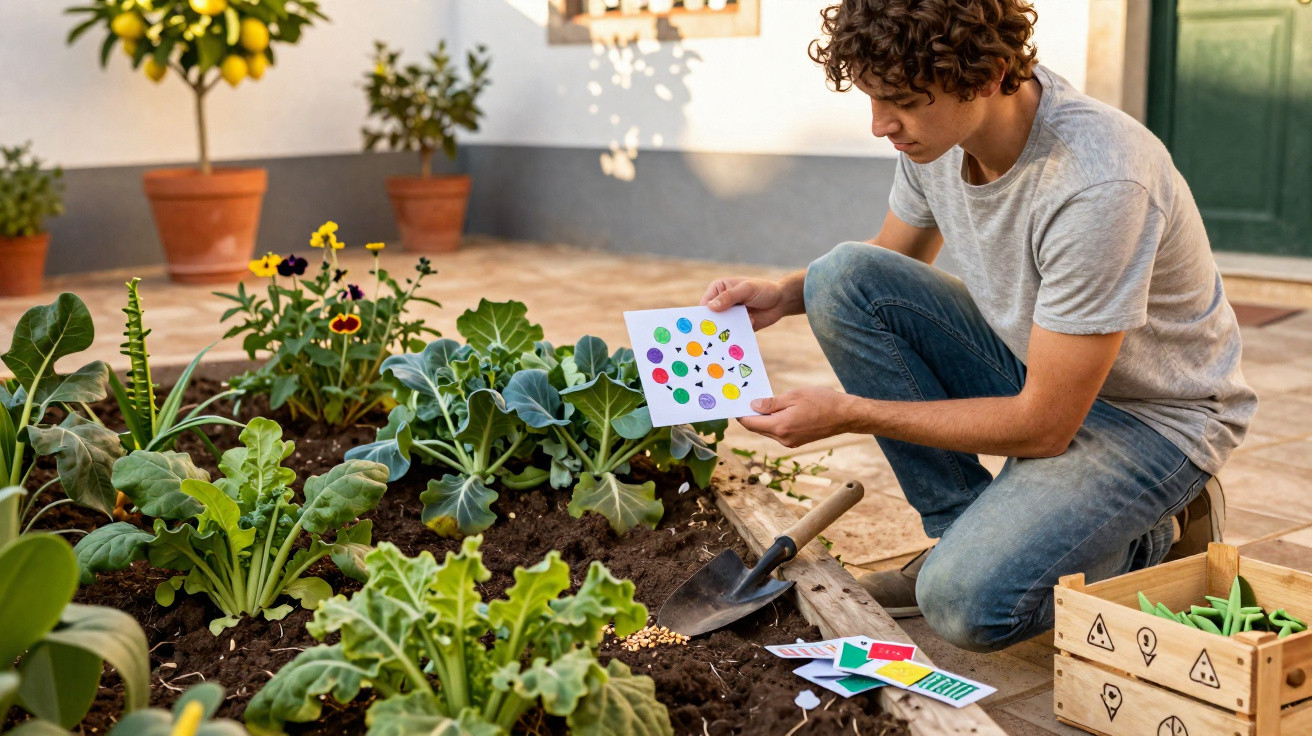 Young man kneeling in garden holding seed packet with vegetables and garden tools nearby