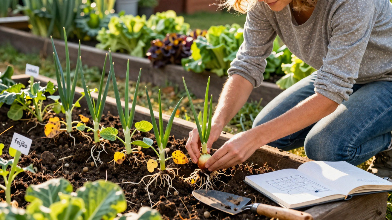 Person planting onions in a raised garden bed with labelled plants and an open notebook nearby.