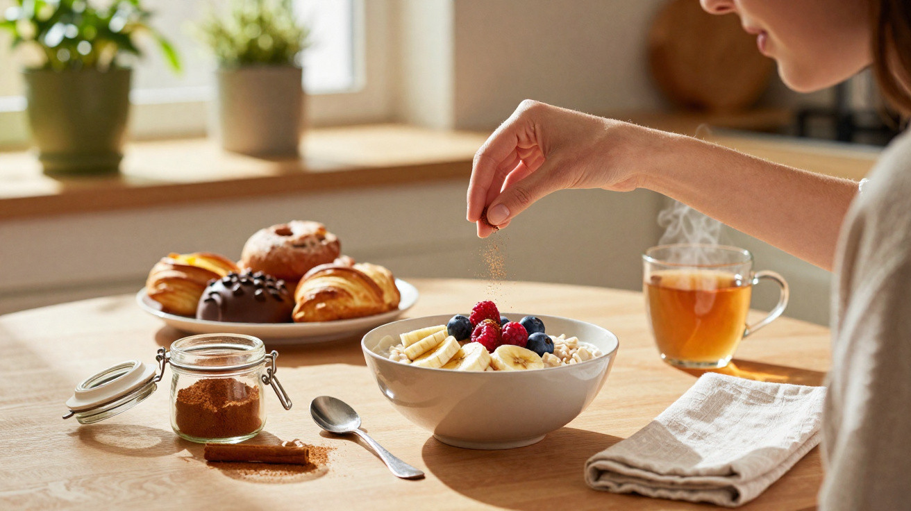 Person sprinkling cinnamon on a bowl of fruit and oatmeal with pastries and a cup of tea on the table.