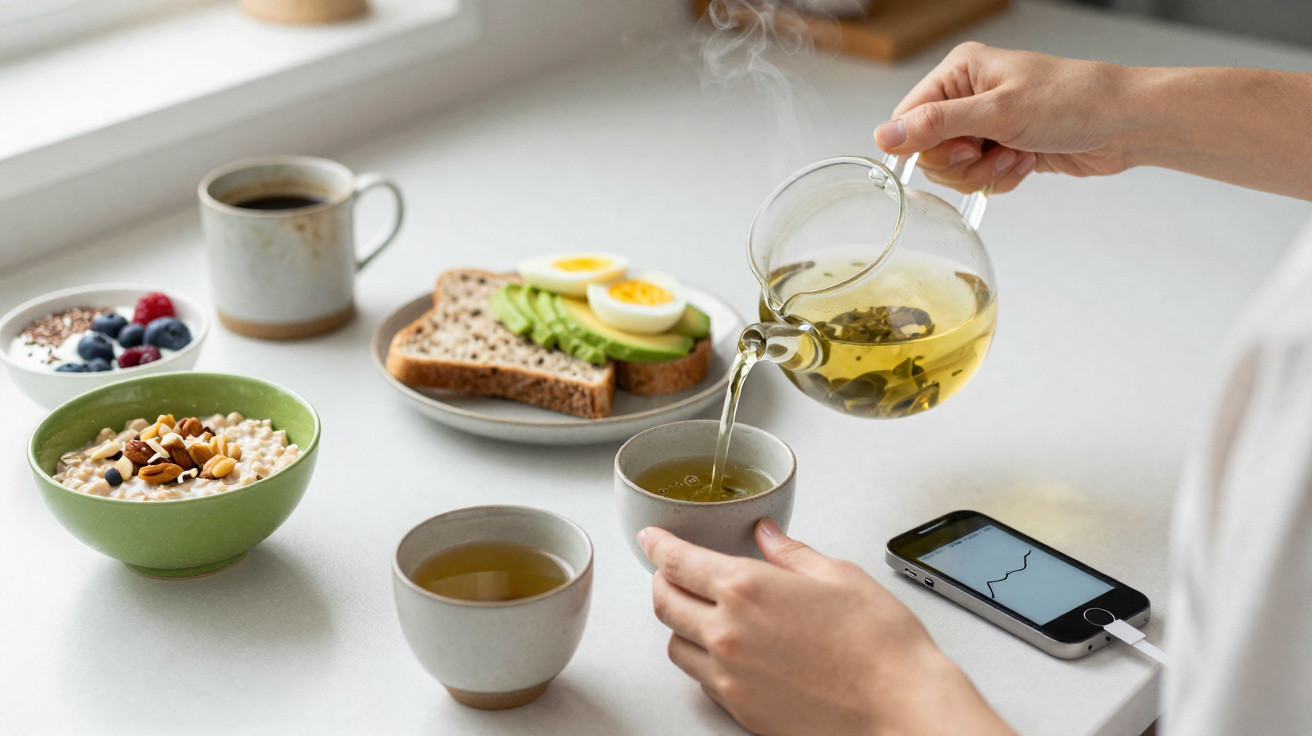 Person pouring steaming green tea into a cup on a table with breakfast and a smartphone nearby.