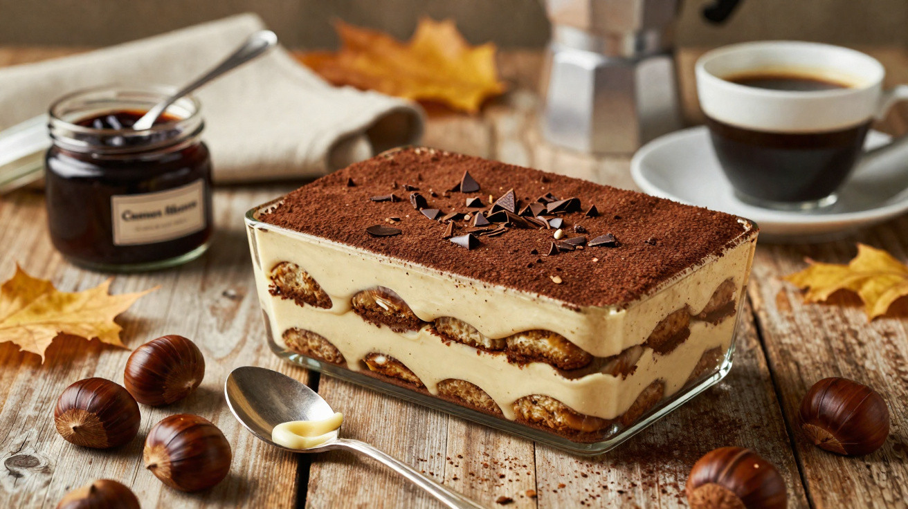 Glass dish of tiramisu topped with chocolate shavings on a wooden table with coffee and chestnuts nearby
