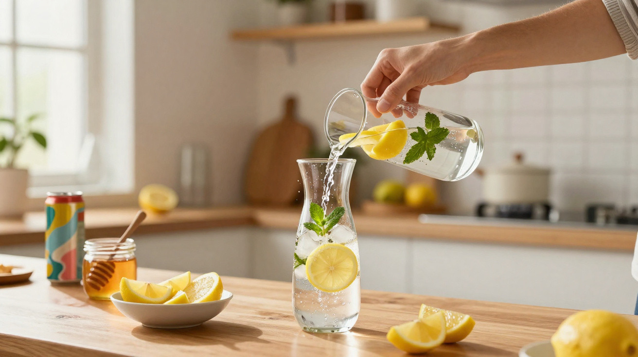 Hand pouring lemon-infused water with mint into a glass carafe on a kitchen counter.