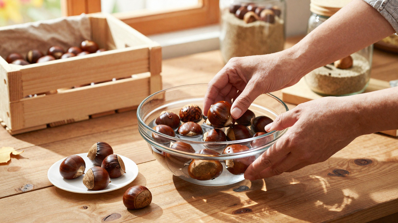 Hands soaking chestnuts in a glass bowl with chestnuts on a plate and wooden crate on a sunlit table.