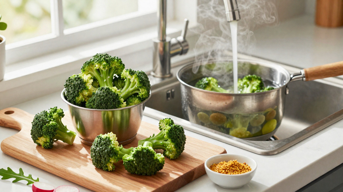 Fresh broccoli florets on a wooden board and in a bowl next to a pot of steaming broccoli being boiled in a kitchen sink.