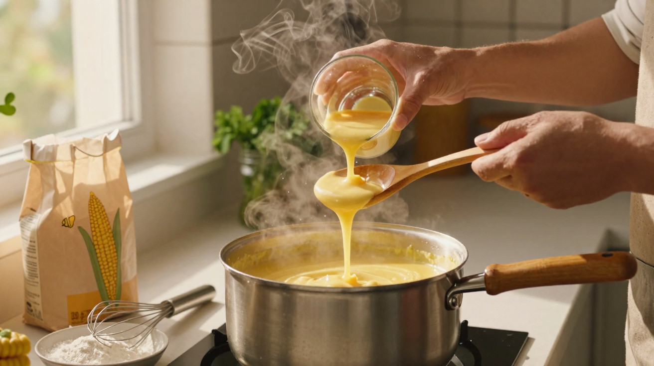 Hands pouring custard from a glass into a spoon over a steaming pot on a stovetop in a kitchen.