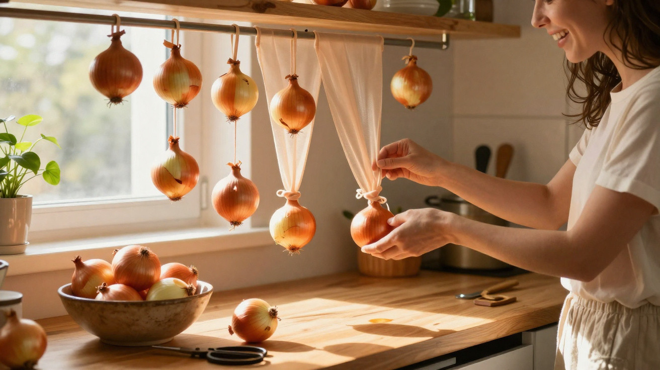 Woman hanging onions in mesh bags from a kitchen rack by a sunlit window with a bowl of onions on the counter.