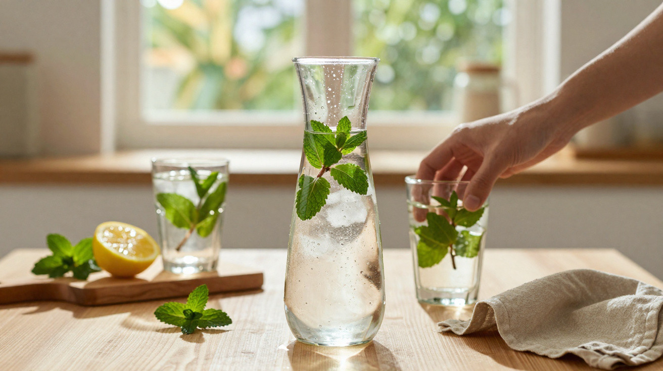 Carafe and glasses of sparkling water with mint leaves on a wooden table by a sunlit window.