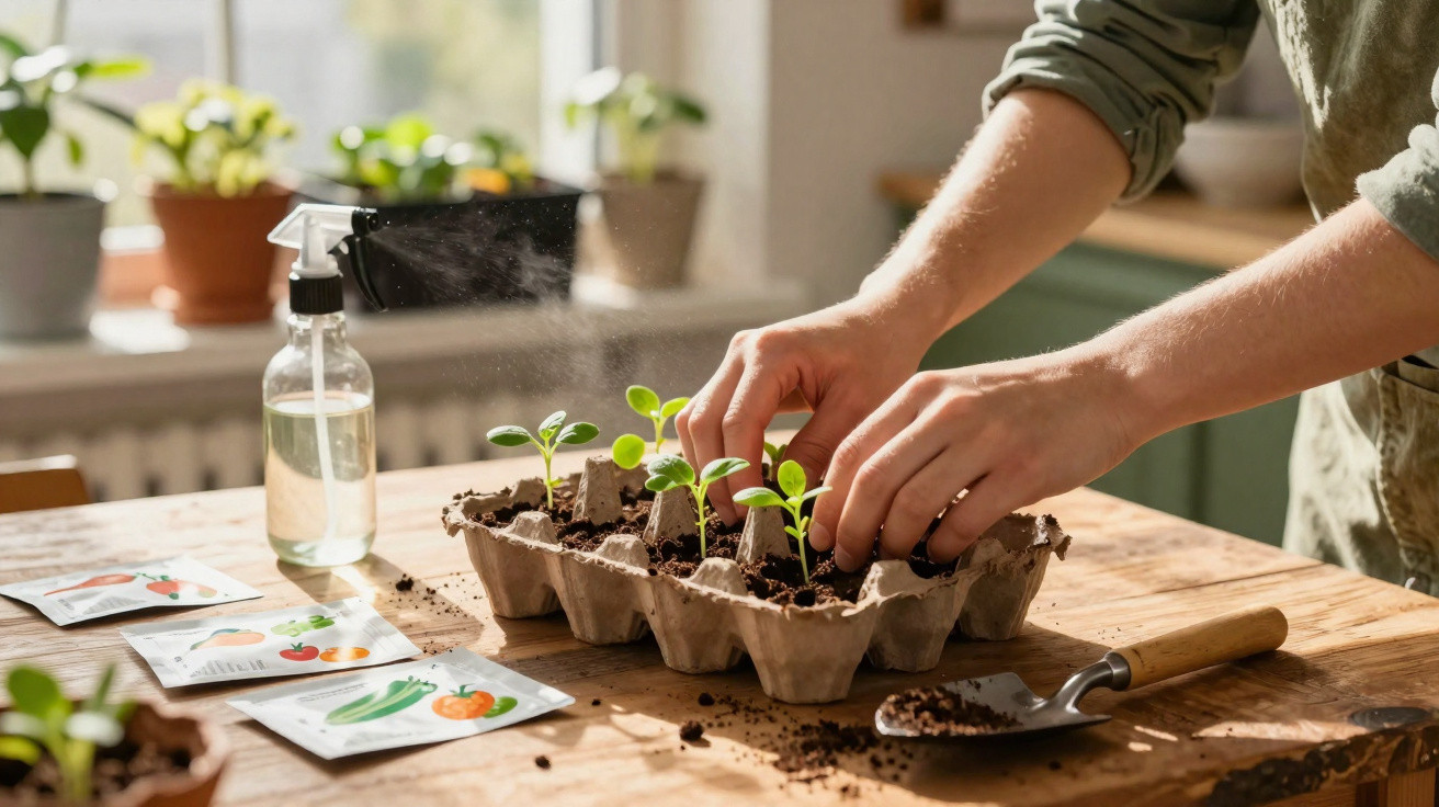 Person planting seedlings in a recycled egg carton on a wooden table indoors with gardening tools nearby.