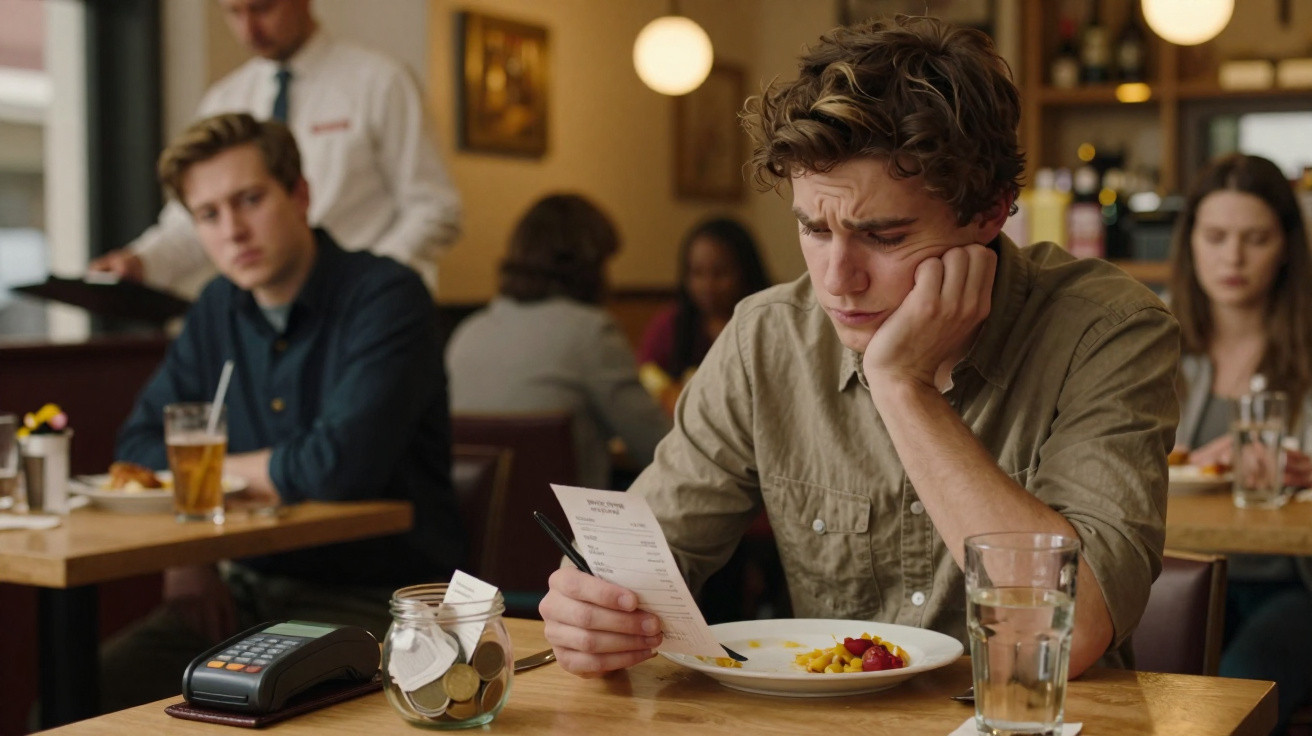 Young man in café looking concernedly at a bill with coins and card machine on the table.