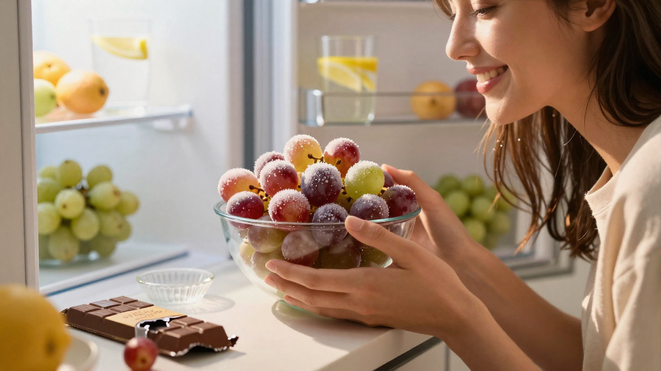 Smiling woman holding a bowl of frosted grapes in front of an open fridge with fruit and drinks inside.
