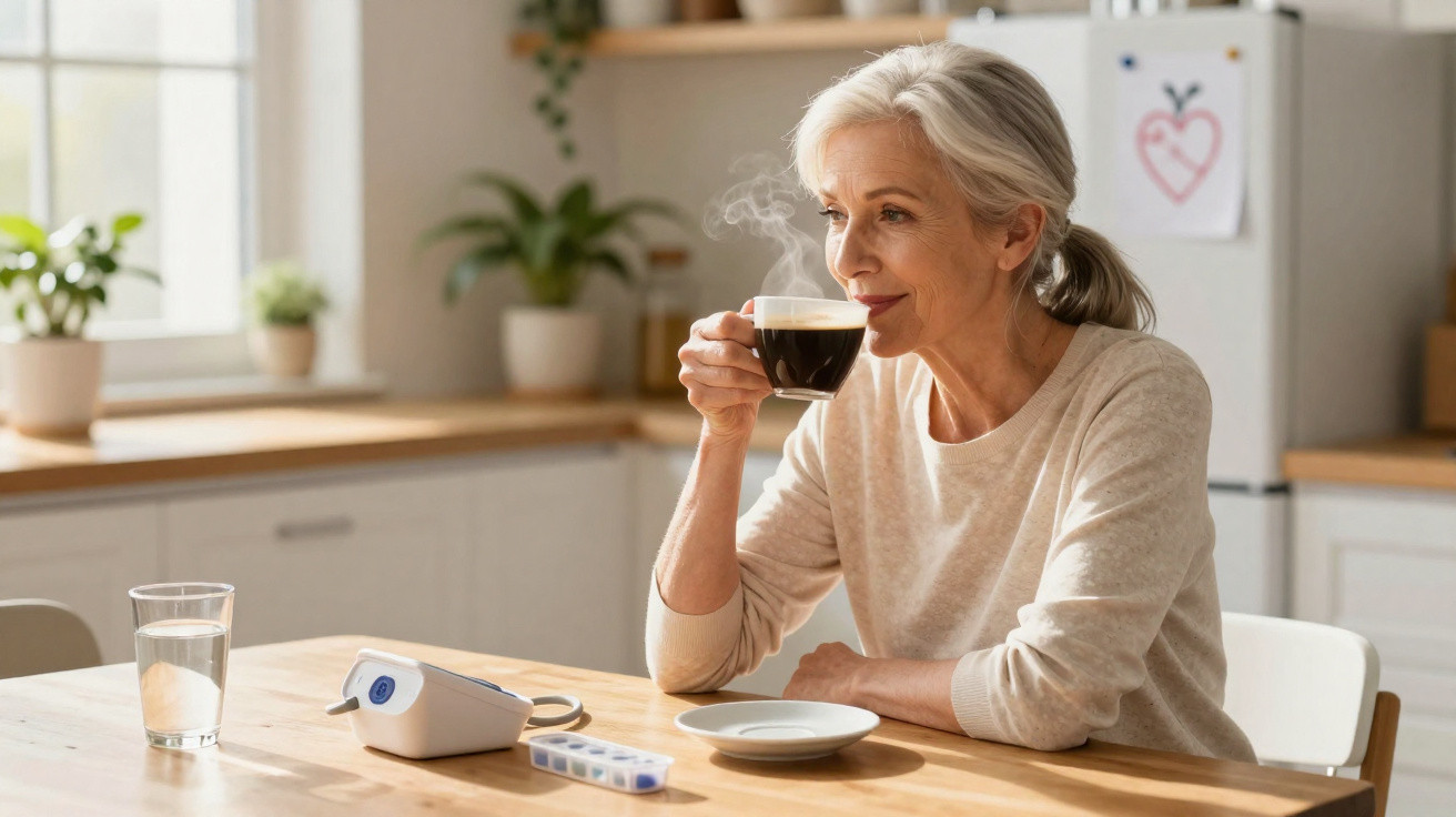 Older woman enjoying a hot cup of coffee at a kitchen table with medication and a glass of water nearby.