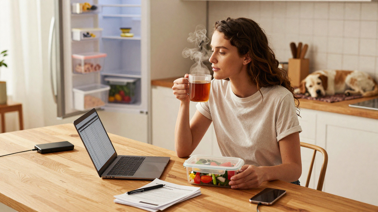Woman drinking hot tea while working on a laptop at a kitchen table with a salad and dog resting in the background