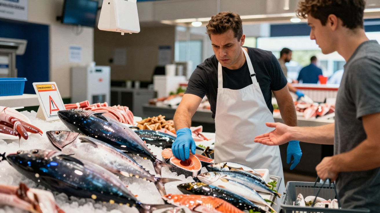 Fishmonger in apron and gloves showing salmon to customer at fresh fish counter in market.