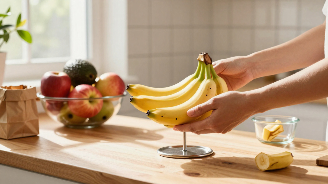 Hands placing a bunch of bananas on a kitchen banana hanger with a bowl of fruit in the background.