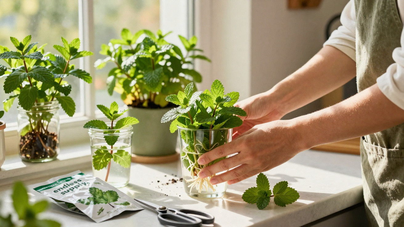 Person tending to mint plants in glass jars on a sunlit windowsill with gardening tools nearby.