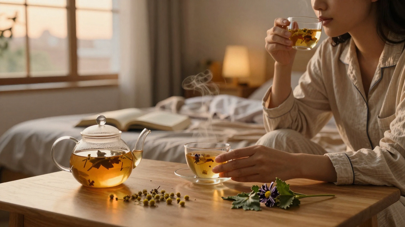 Person in pajamas sipping herbal tea from a glass cup beside a steaming teapot on a wooden table in a cozy bedroom.
