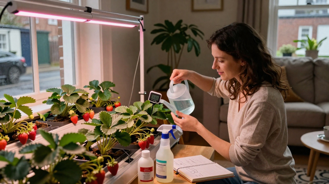 Woman watering thriving indoor strawberry plants under grow lights in a cosy living room.