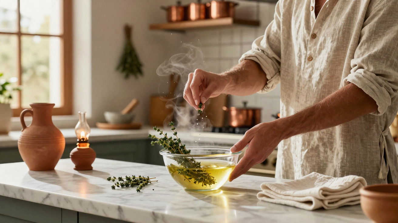 Person sprinkling fresh herbs into a steaming bowl of oil in a rustic kitchen setting.