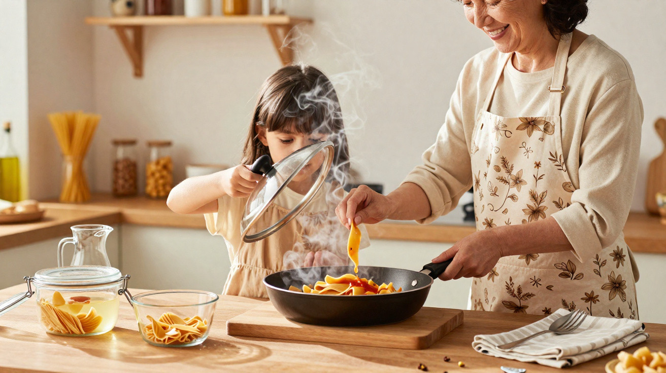 Child lifting lid of steaming frying pan while adult stirs pasta in a bright kitchen.