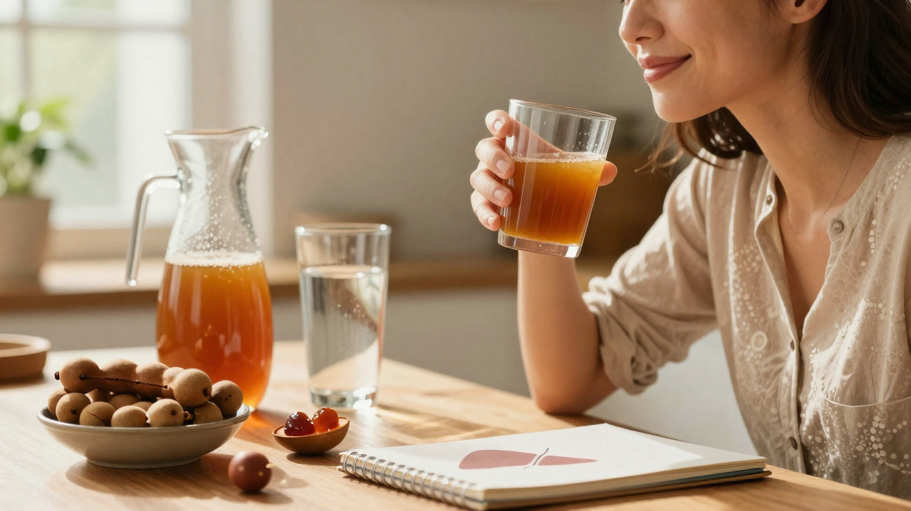 Woman drinking a glass of juice at a wooden table with longan fruit, a jug, and a notebook.