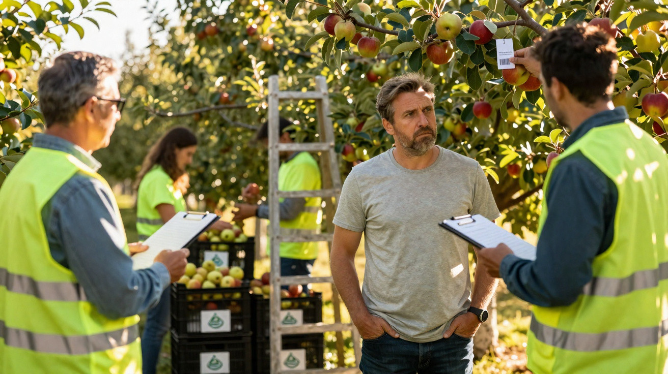 Three workers inspecting apples and taking notes in an orchard during harvest time.