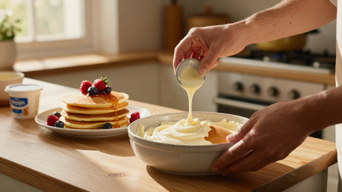Person pouring syrup into a bowl of pancake batter on a kitchen countertop with pancakes and fruit in the background.