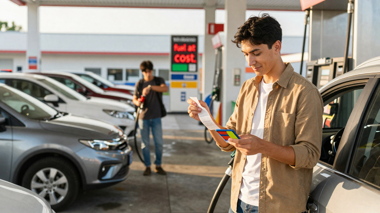 Young man checking receipt while refuelling car at busy petrol station with another person in background.