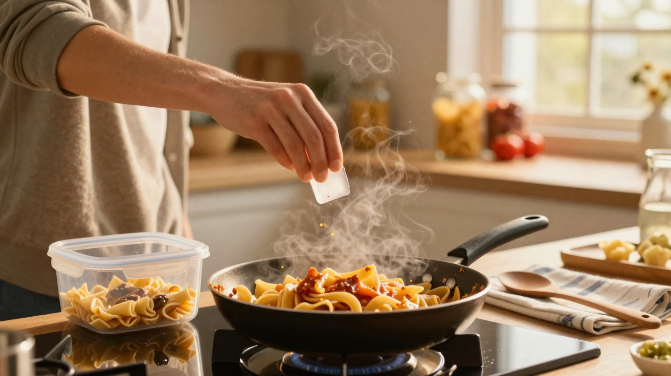 Person sprinkling seasoning over steaming pasta in a frying pan on a gas stove in a bright kitchen.