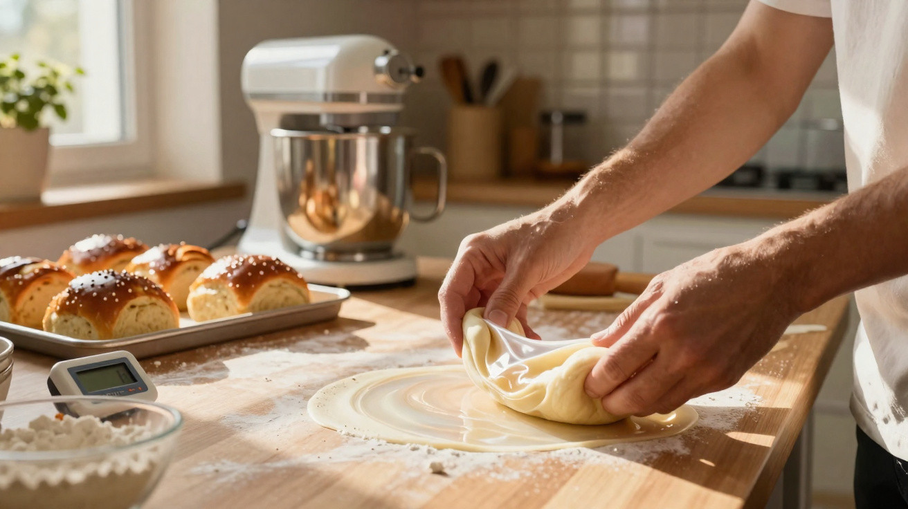 Person shaping dough on a wooden kitchen counter with freshly baked rolls and a mixer in the background.