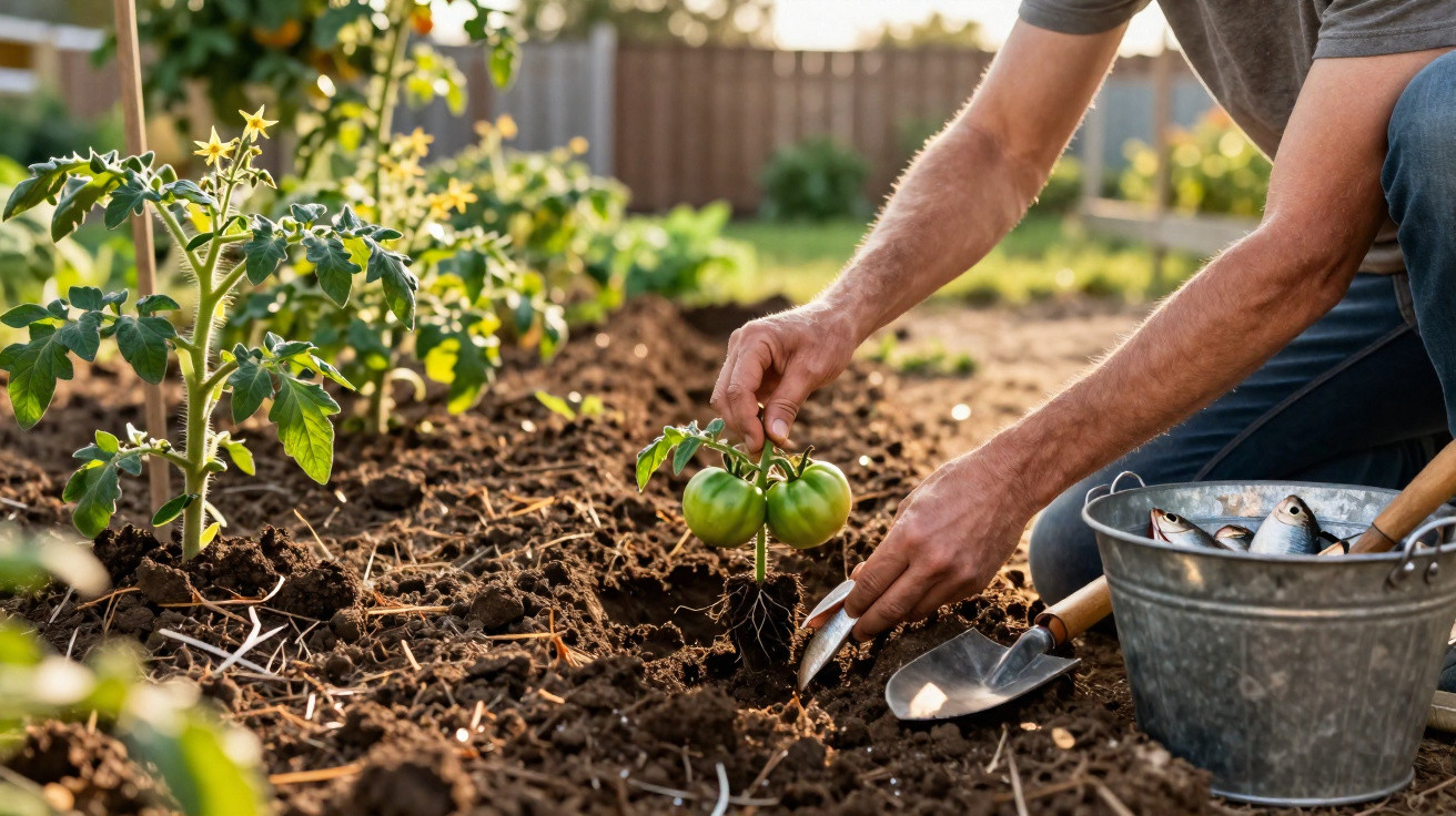 Person planting a small green tomato plant in garden soil next to a bucket of fish for fertiliser.