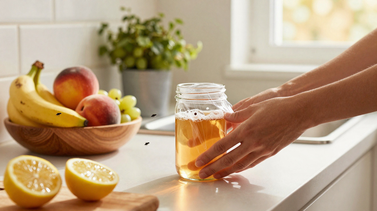 Hands holding a jar of iced tea on a kitchen counter with fruit bowl, sliced lemons, and flies nearby.