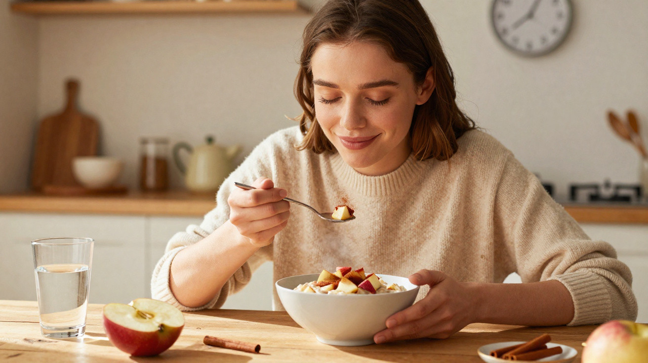 Young woman smiling while eating a bowl of cereal with chopped apples at a kitchen table