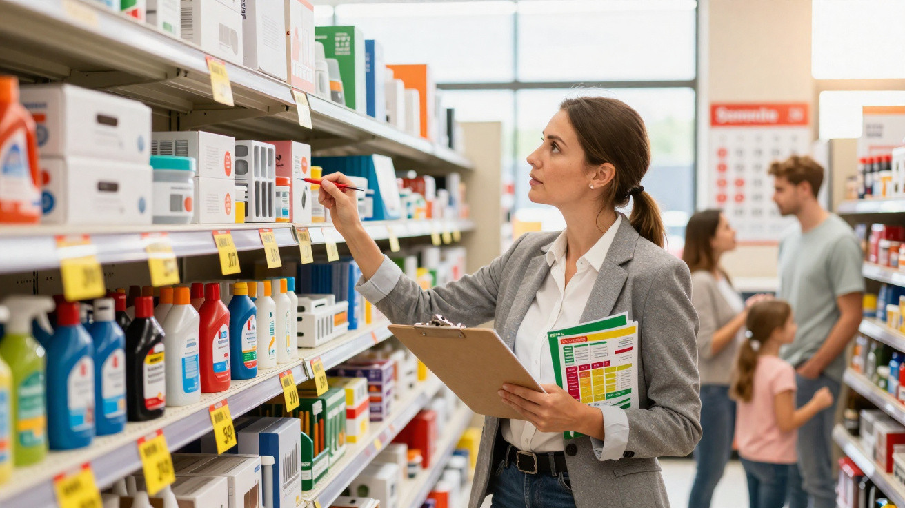 Woman checking prices on store shelves with clipboard in hand, family shopping in background.