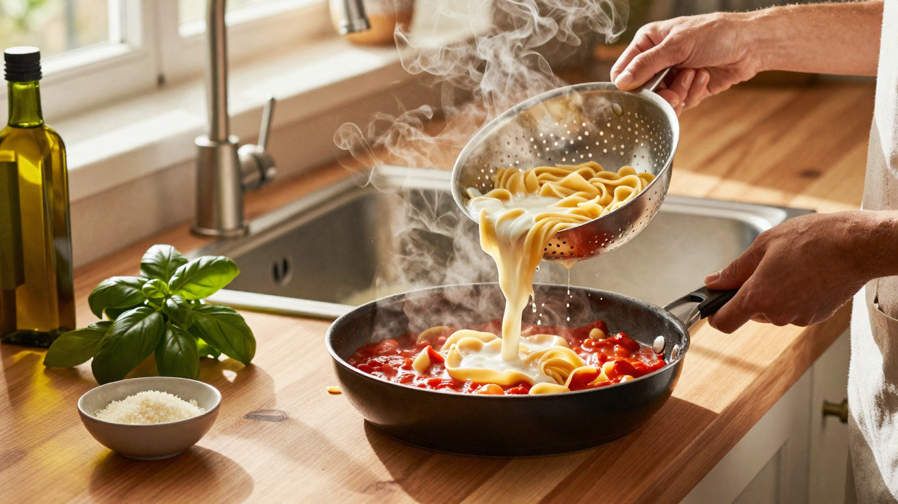 Person pouring cooked pasta from a colander into a frying pan with tomato sauce in a kitchen.