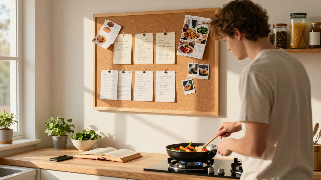 Young man cooking vegetables in a frying pan in a sunlit kitchen with recipe notes on a corkboard.